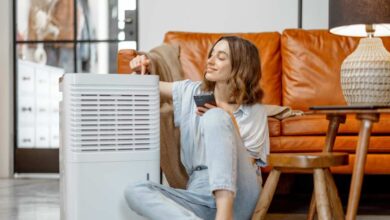 blonde girl put a finger on 2 in 1 dehumidifire and air purifire sitting beside coffee color sofa.