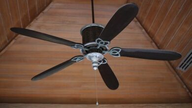 a black colored ceiling fan hanging on the upper ceiling of the bedroom